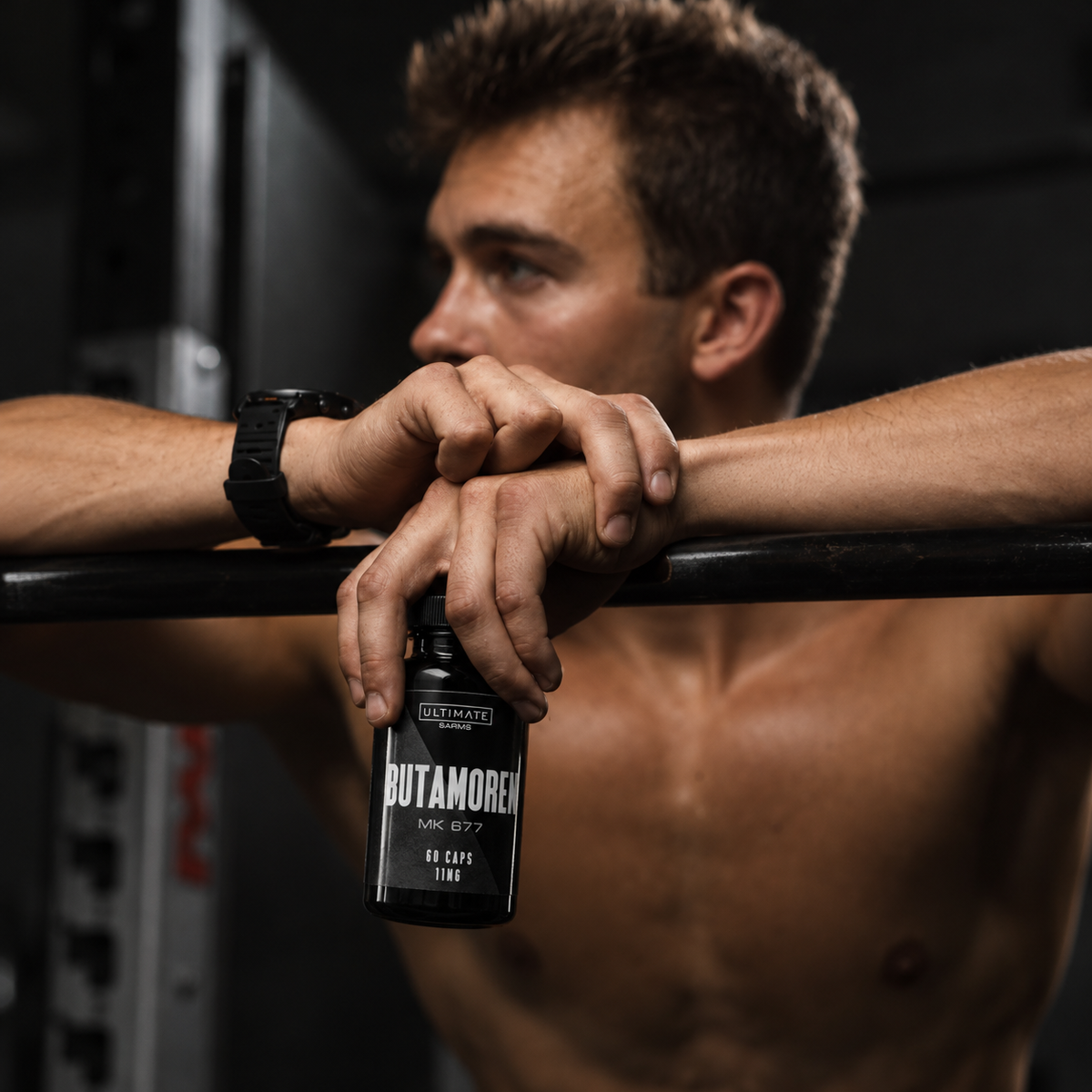 Cinematic Gym Portrait with Butamoren Bottle