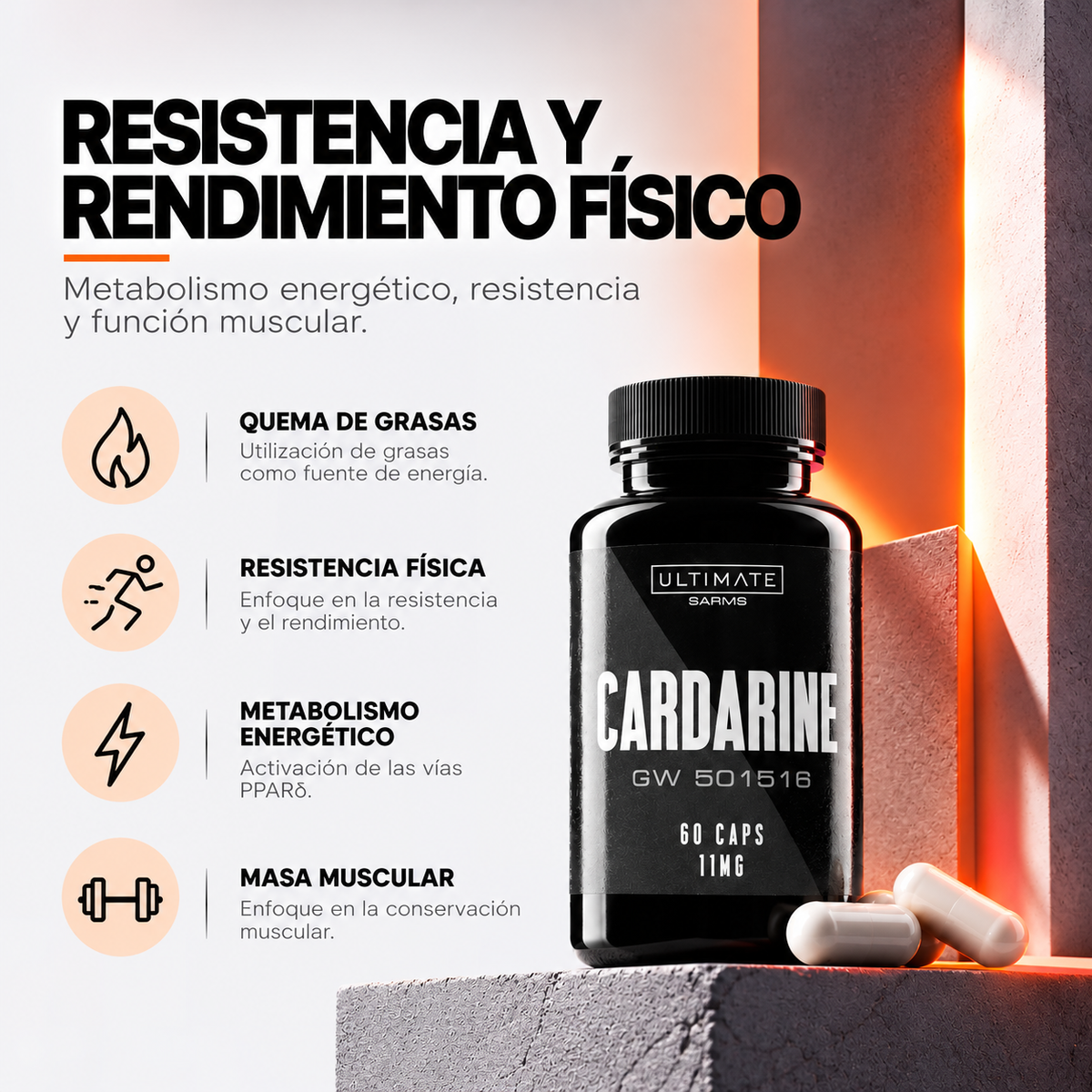Infografía de Cardarine GW-501516 Ultimate SARMs sobre metabolismo energético, resistencia física, grasas y masa muscular.
